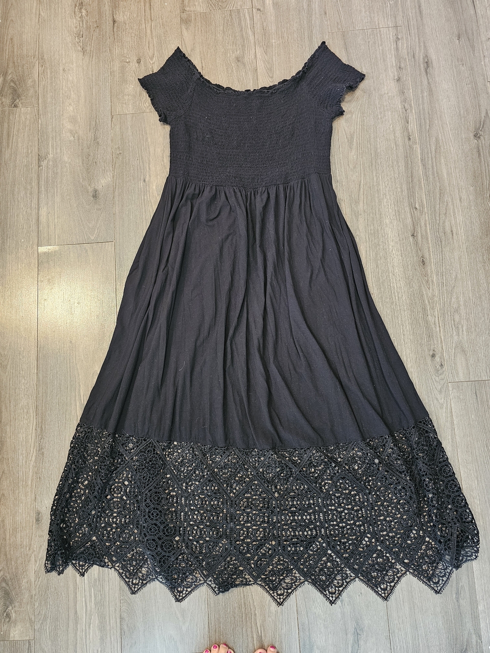 City Chic Black Smocked Midi Dress with Crochet Hem Detail